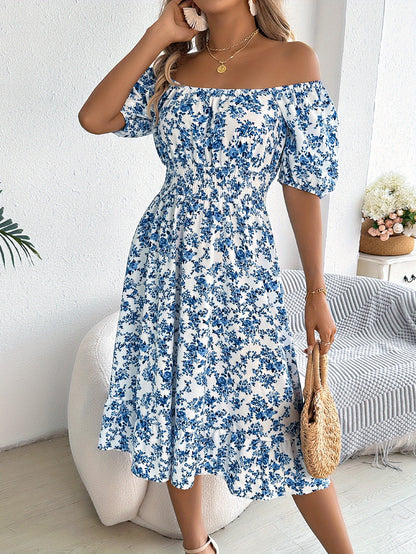 Vestido con escote cuadrado, manga abullonada y corte en A – Elegante vestido floral de primavera y verano