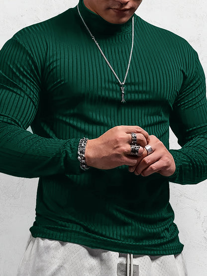 T-shirt côtelé ajusté à manches longues pour homme – Col montant athlétique