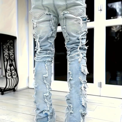 Men's Distressed Slim-Fit Jeans – Layered Rips & Patchwork Street Denim