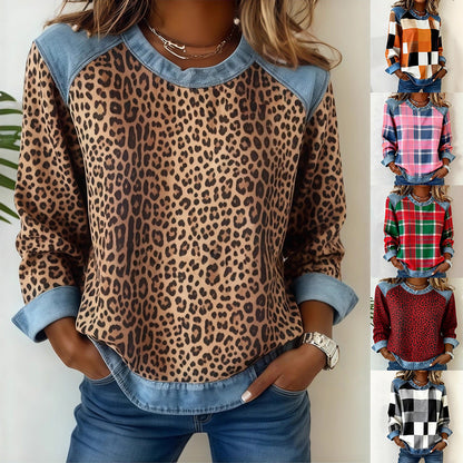 Sudadera de retazos de mezclilla para mujer - Sudadera floral con cuello redondo