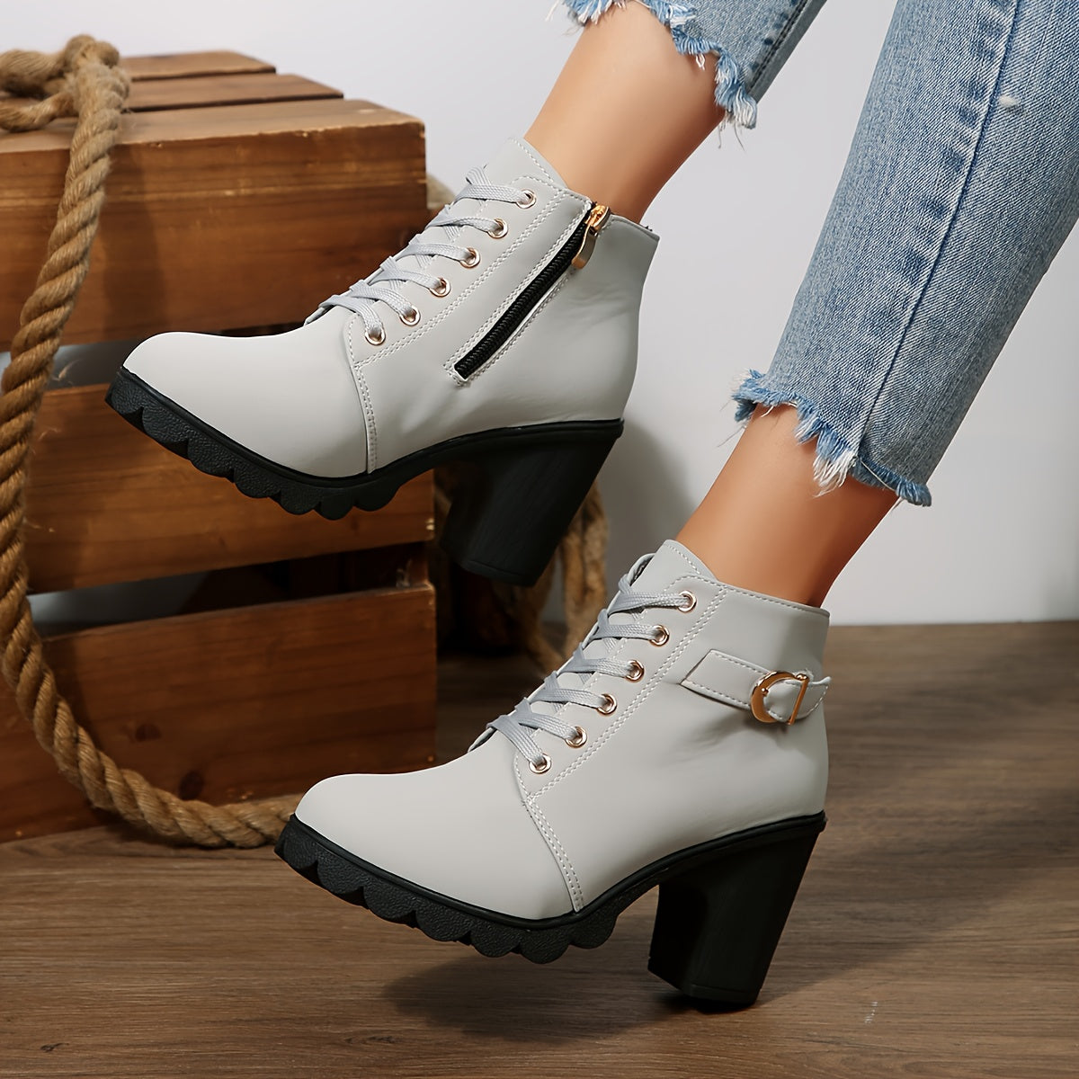 Botines de tacón alto para mujer - Tacón de bloque, elegantes, sin cordones