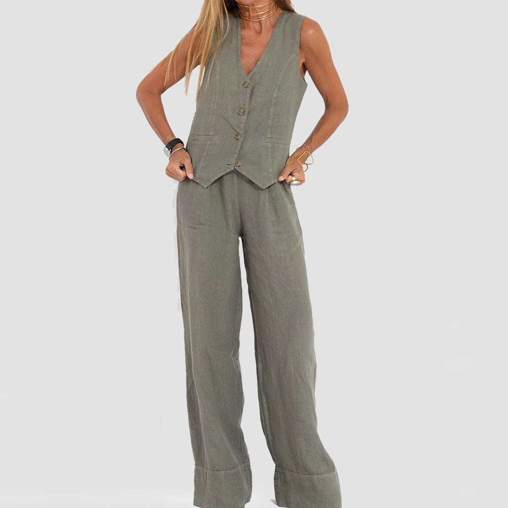 Loom & Soul™ Women’s Cotton-Linen Vest Suit – Sleeveless V-Neck Top & Loose Straight Trousers Set