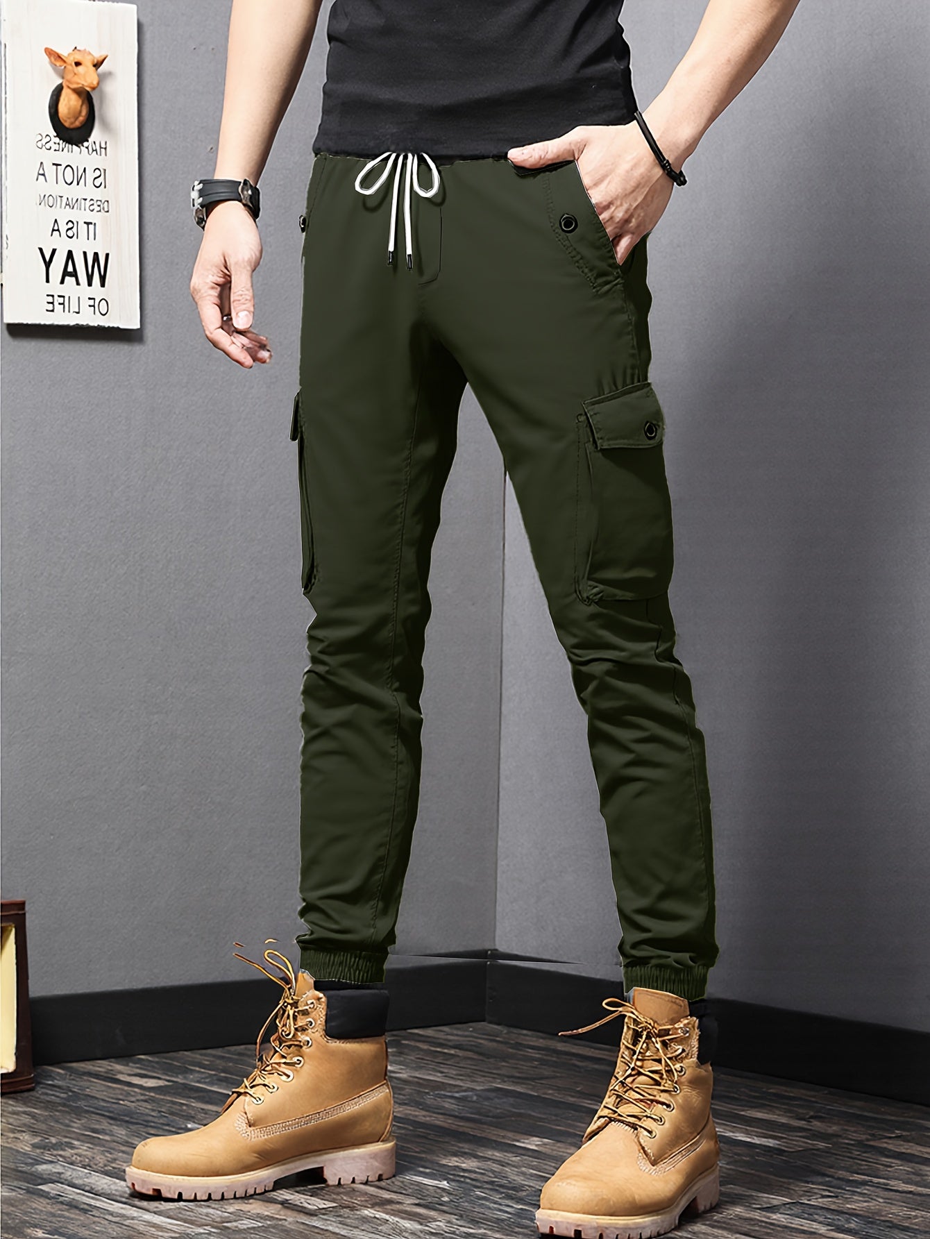 Men’s Olive Cargo Pants – Multi-Pocket Drawstring Utility Trousers