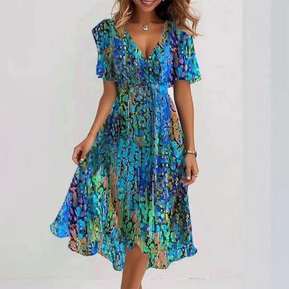 Loom & Soul™ Chiffon Floral Dress – Women’s Elegant V-Neck Short Sleeve Summer Midi Dress