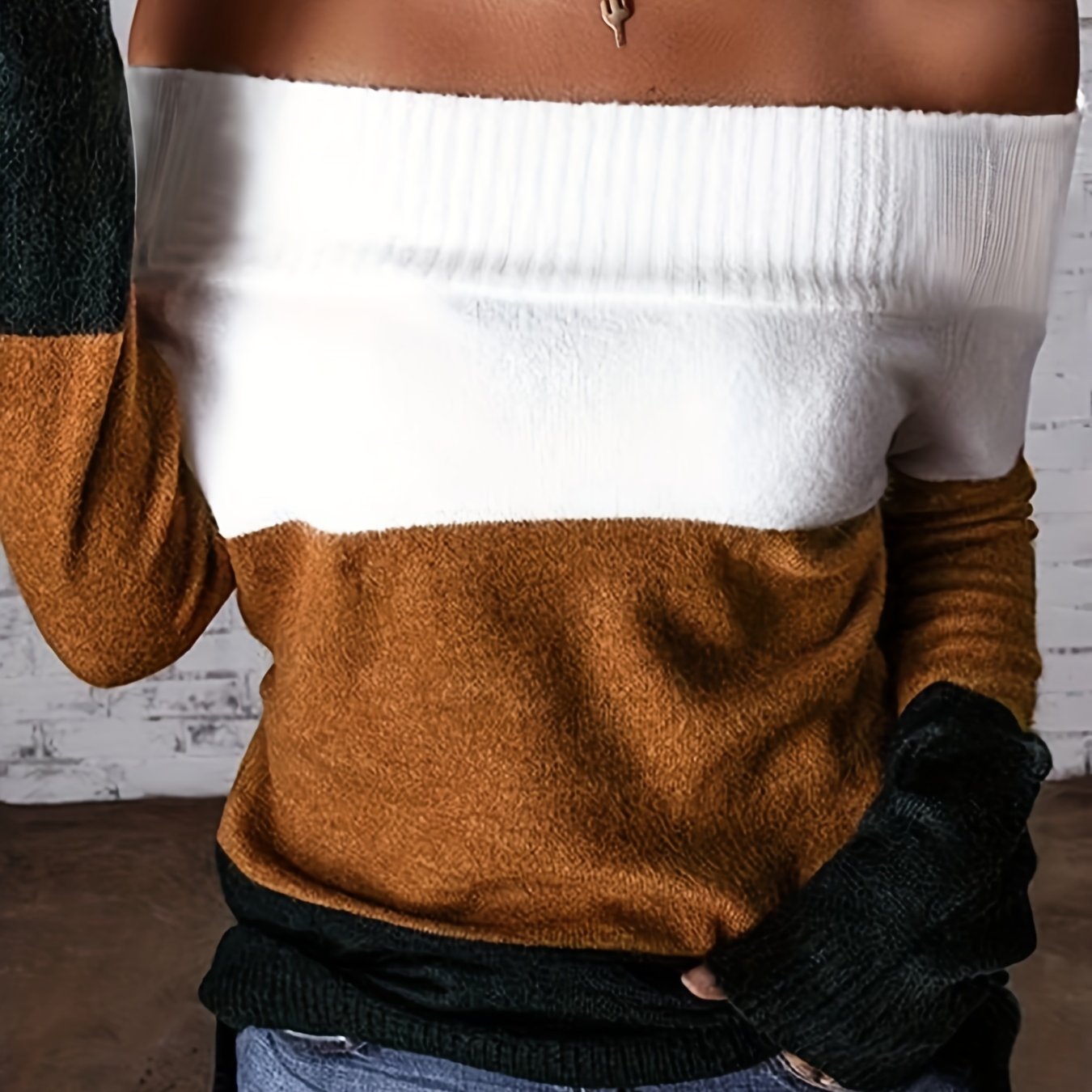 Women’s Off-Shoulder Color Block Sweater – Chic Fall Knit Pullover