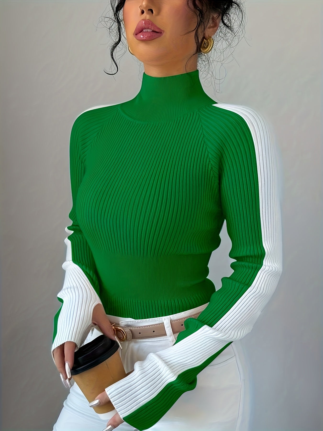 Suéter de cuello alto color block para mujer - Blusa elegante de punto suave