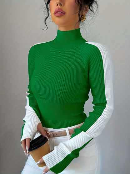 Suéter de cuello alto color block para mujer - Blusa elegante de punto suave