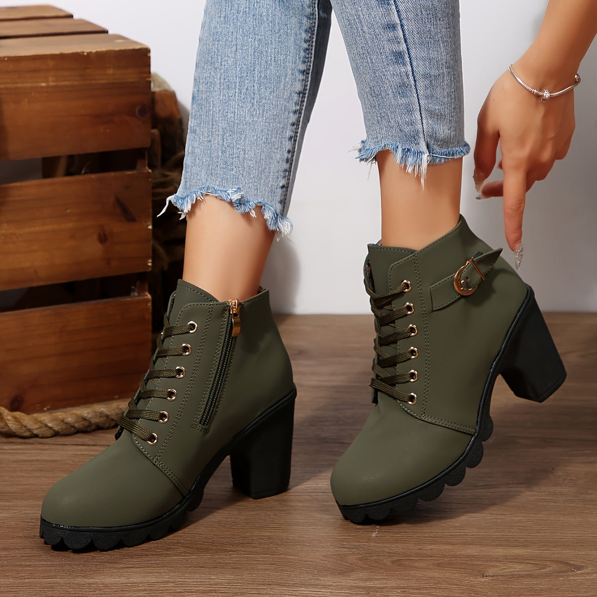 Botines de tacón alto para mujer - Tacón de bloque, elegantes, sin cordones