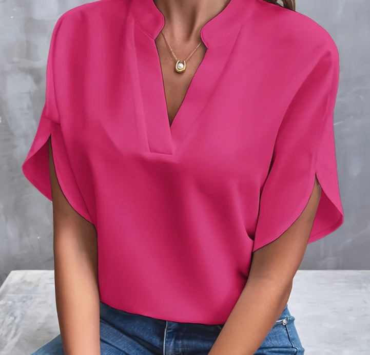 Loom & Soul™ V-Neck Chiffon Blouse – Women’s Elegant Short-Sleeve Summer Top