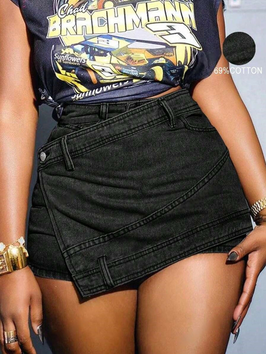 Jupe-short en jean style grunge pour femme – Asymétrique portefeuille évasée streetwear