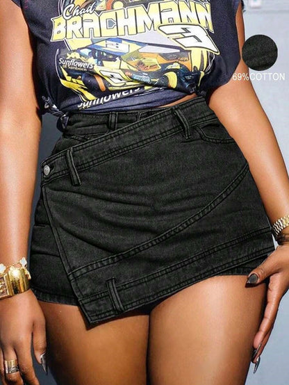 Jupe-short en jean style grunge pour femme – Asymétrique portefeuille évasée streetwear