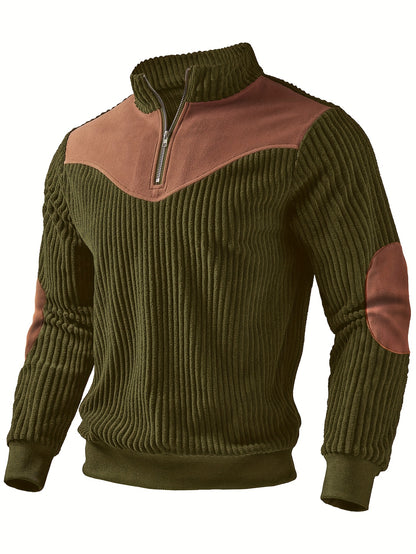 Men’s Stand Collar Half-Zip Pullover – Warm Ribbed Retro Sweatshirt