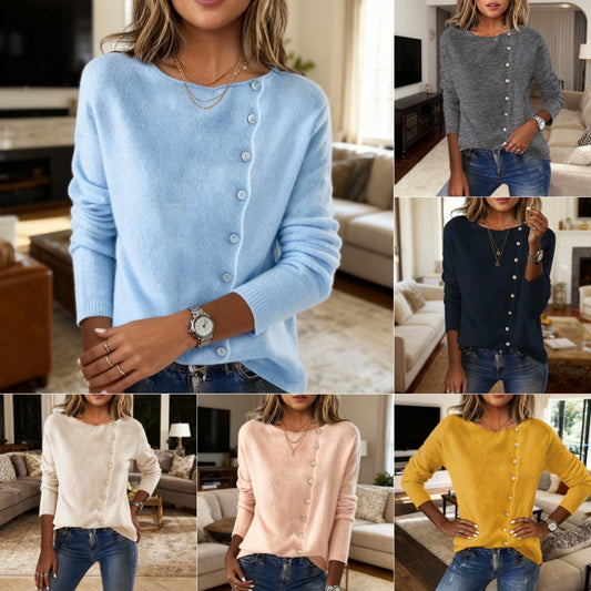 Women’s Elegant Button Sweater – Round Neck Long Sleeve Knit Top
