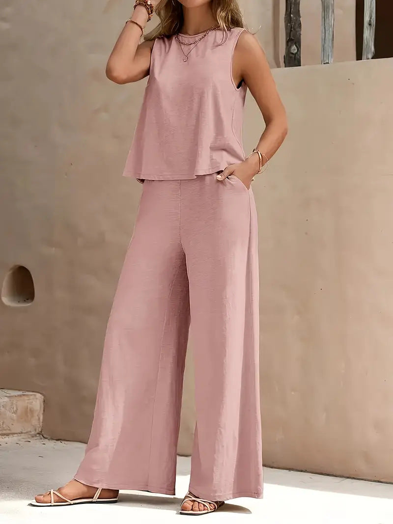 Conjunto de lino de dos piezas para mujer – Top sin mangas y pantalón holgado