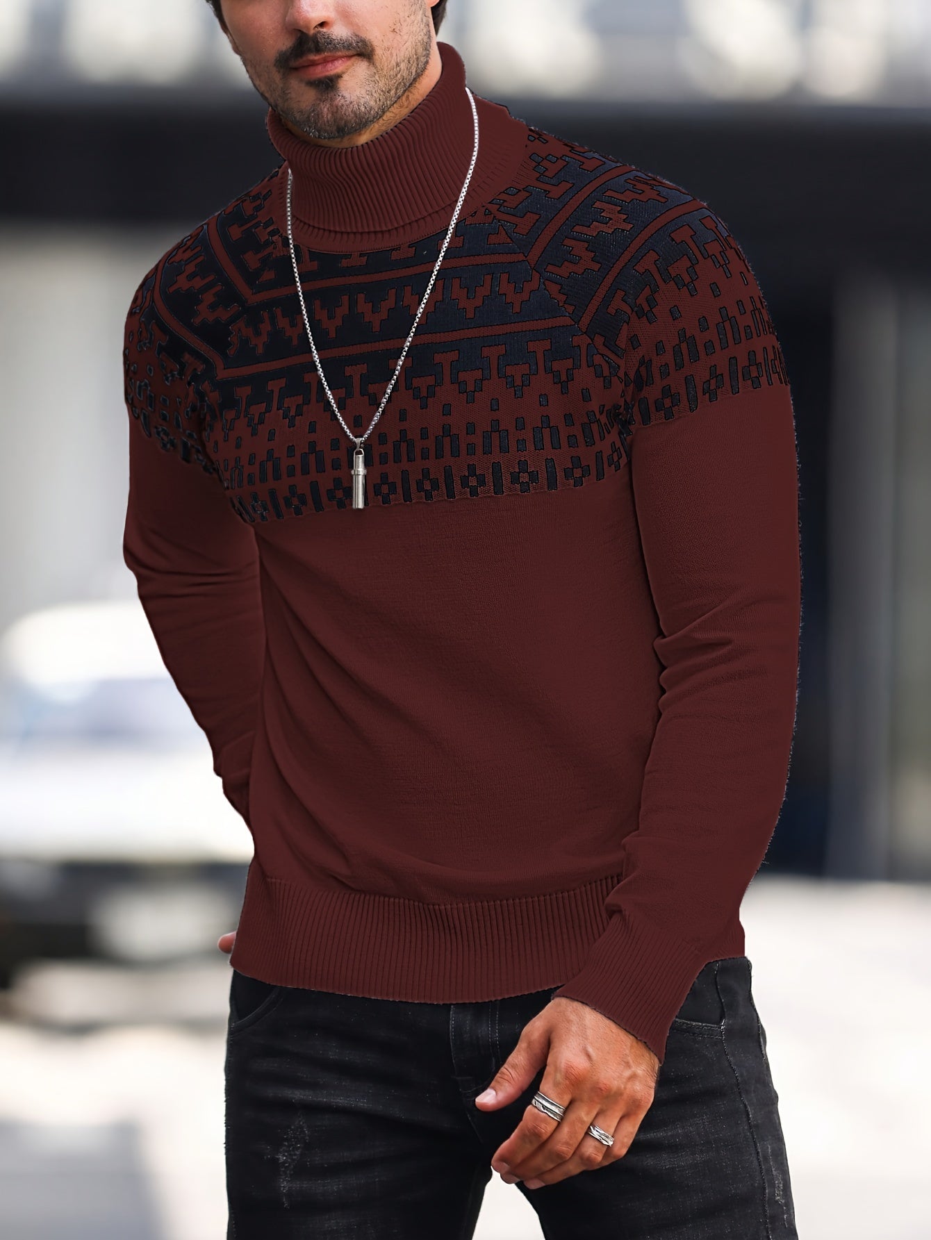 Suéter de cuello alto geométrico para hombre - Suéter informal de punto para otoño e invierno