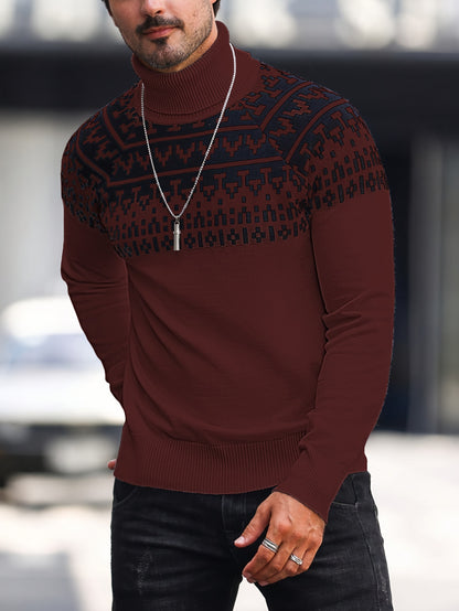 Suéter de cuello alto geométrico para hombre - Suéter informal de punto para otoño e invierno
