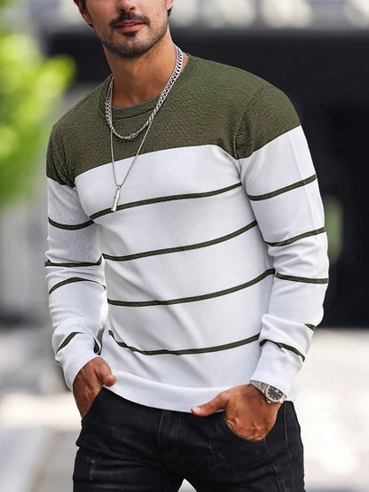 Pull tricoté rayé bleu marine pour homme – Col rond décontracté