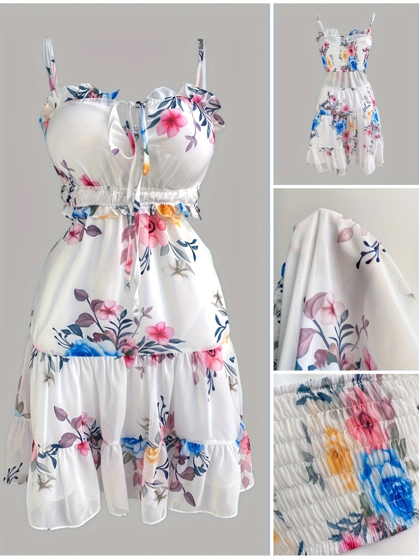 Mini-robe florale à épaules dénudées et froncées – Style plage à fines bretelles