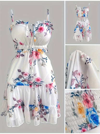 Mini-robe florale à épaules dénudées et froncées – Style plage à fines bretelles