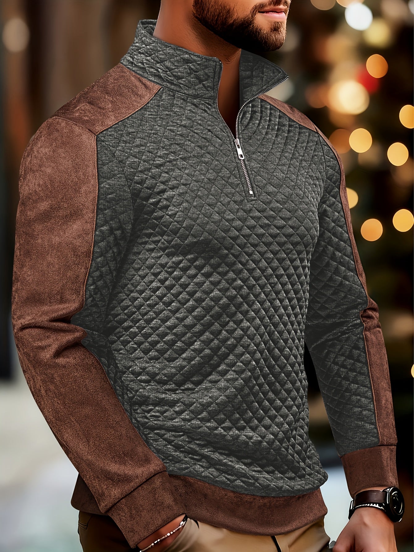 Henley zippé en maille diamant pour homme – Pull texturé color block