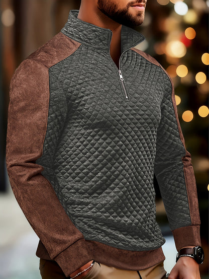 Henley zippé en maille diamant pour homme – Pull texturé color block