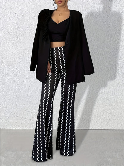 Women’s Color Block Zigzag Flared Pants – Retro Knit Statement Trousers