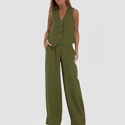 Loom & Soul™ Women’s Cotton-Linen Vest Suit – Sleeveless V-Neck Top & Loose Straight Trousers Set