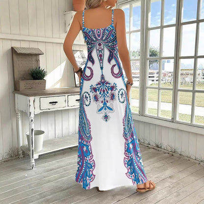 Vestido maxi estampado sin mangas con cuello en V – Vestido retro artístico con tirantes