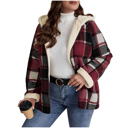 Abrigo de mujer con capucha forrado de forro polar a cuadros – Calidez retro