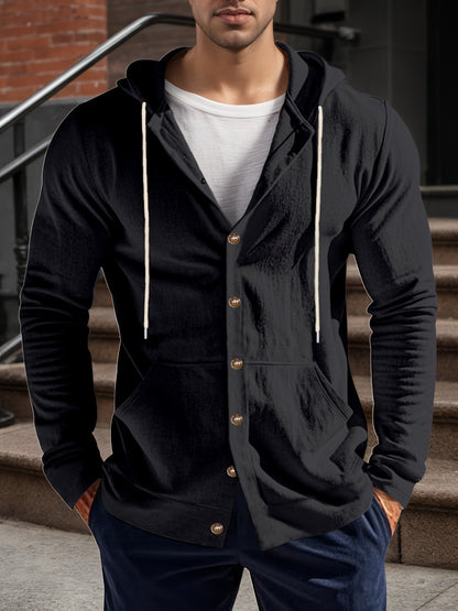 Men’s Linen Long Sleeve Hoodie Shirt – Casual Button-Up with Pocket