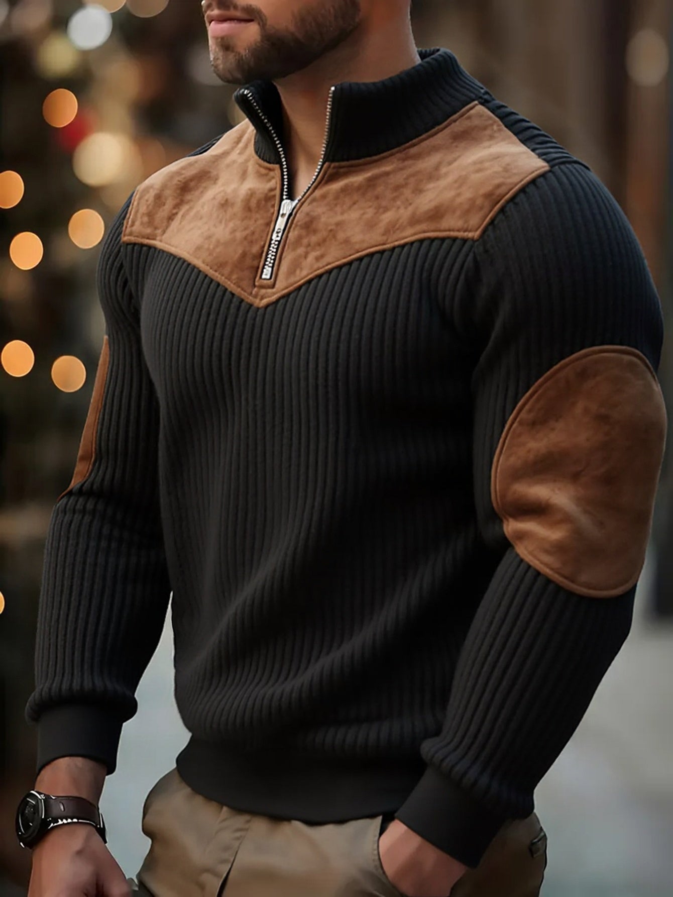Men’s Stand Collar Half-Zip Pullover – Warm Ribbed Retro Sweatshirt