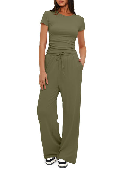 Loom & Soul™ 2-Piece Solid Color Yoga Set – Women’s Short-Sleeve Top & High-Waist Wide-Leg Pants
