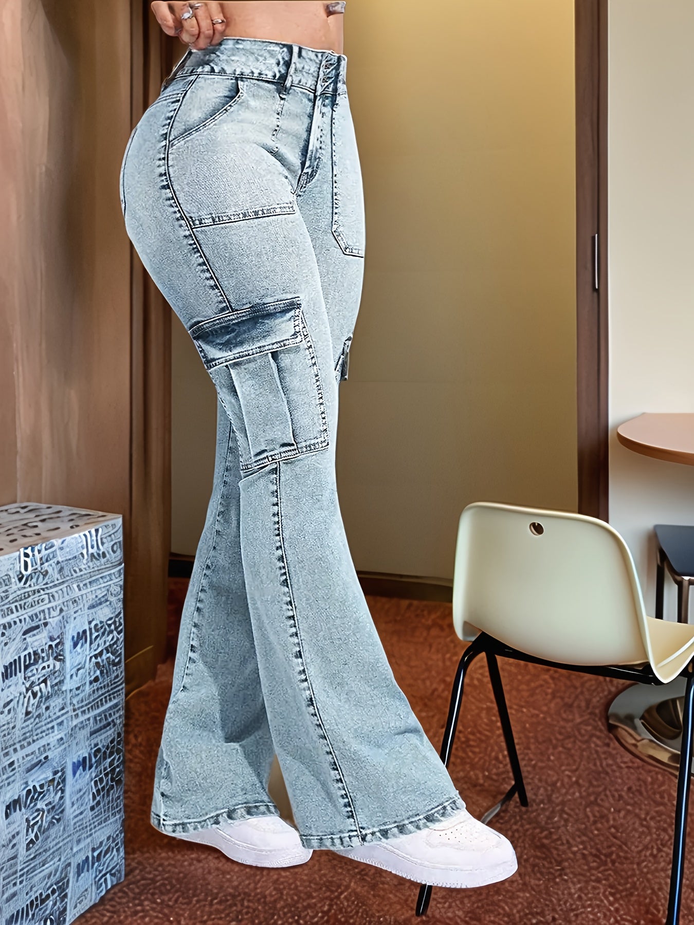 Jean cargo multipoche en jean pour femme – Jean de travail skinny à pattes d'éléphant