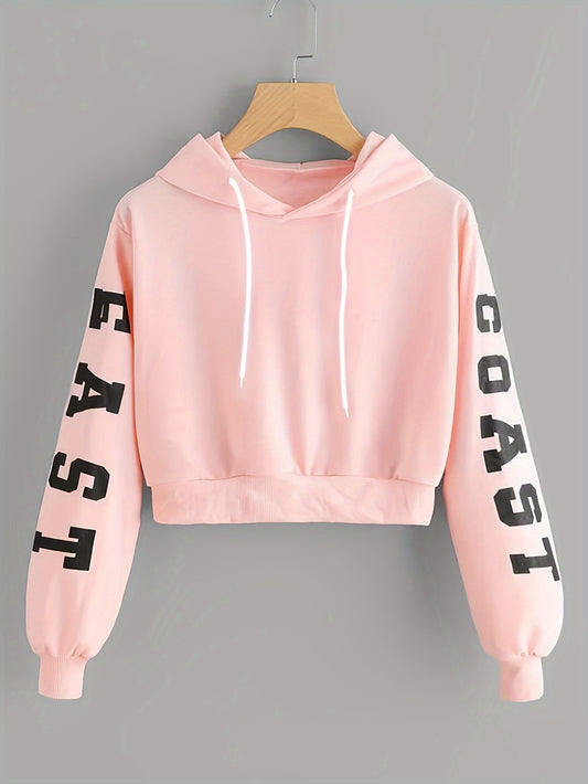 Women’s Pink Letter Hoodie – East/West Print Casual Streetwear