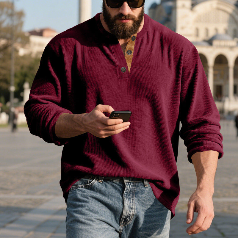 Chemise Henley côtelée rétro pour homme – Coupe ample à manches longues