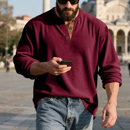 Chemise Henley côtelée rétro pour homme – Coupe ample à manches longues