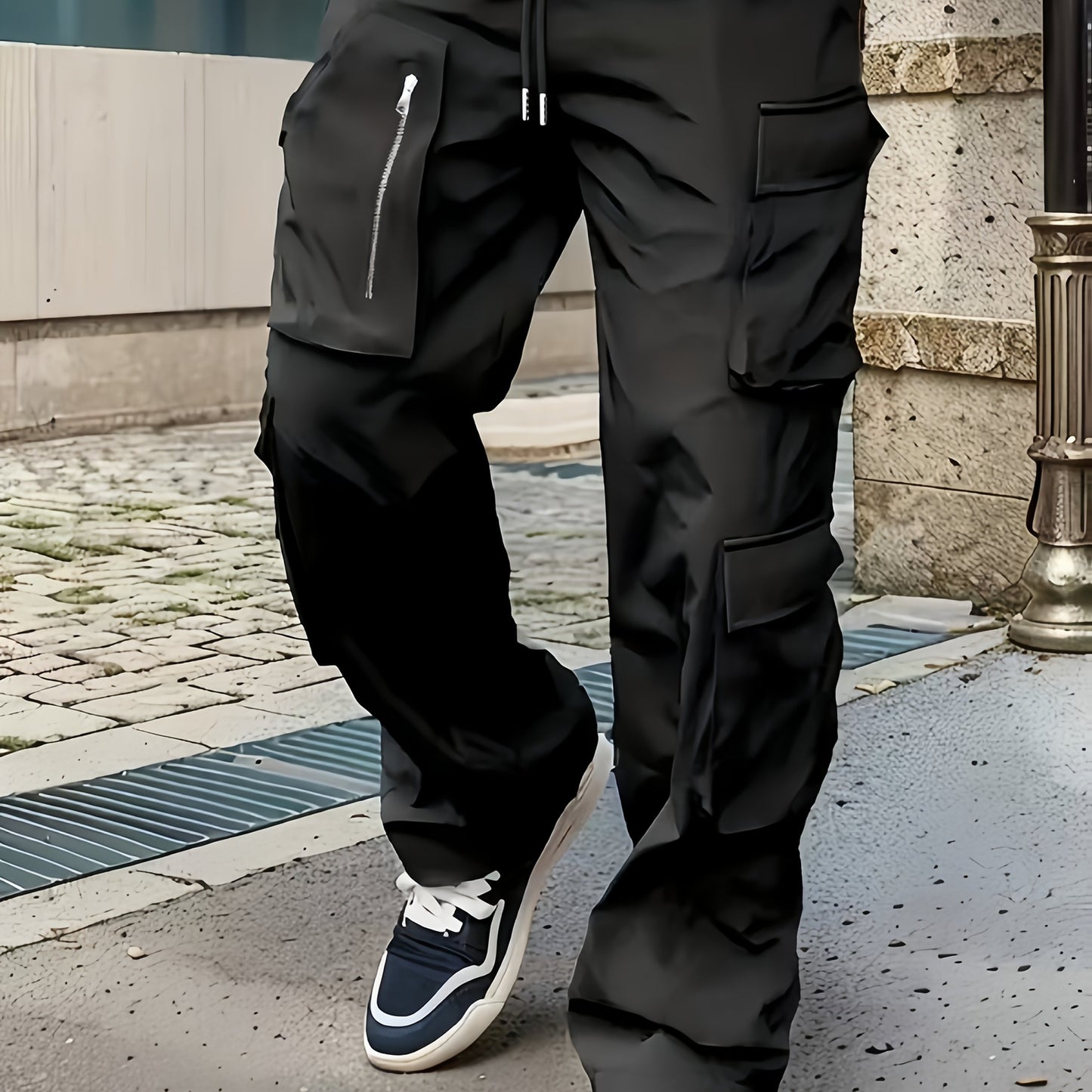 Men’s Black Cargo Pants – Multi-Zip Loose-Fit Outdoor Joggers for Spring/Fall