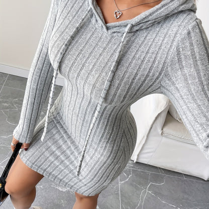 Women’s Ribbed Hooded Bodycon Dress – Drawstring Long Sleeve Pencil Fit