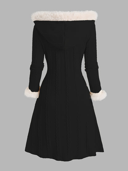 Women’s Y2K Plaid Hooded Coat – Red & White Patchwork Long Winter Jacket