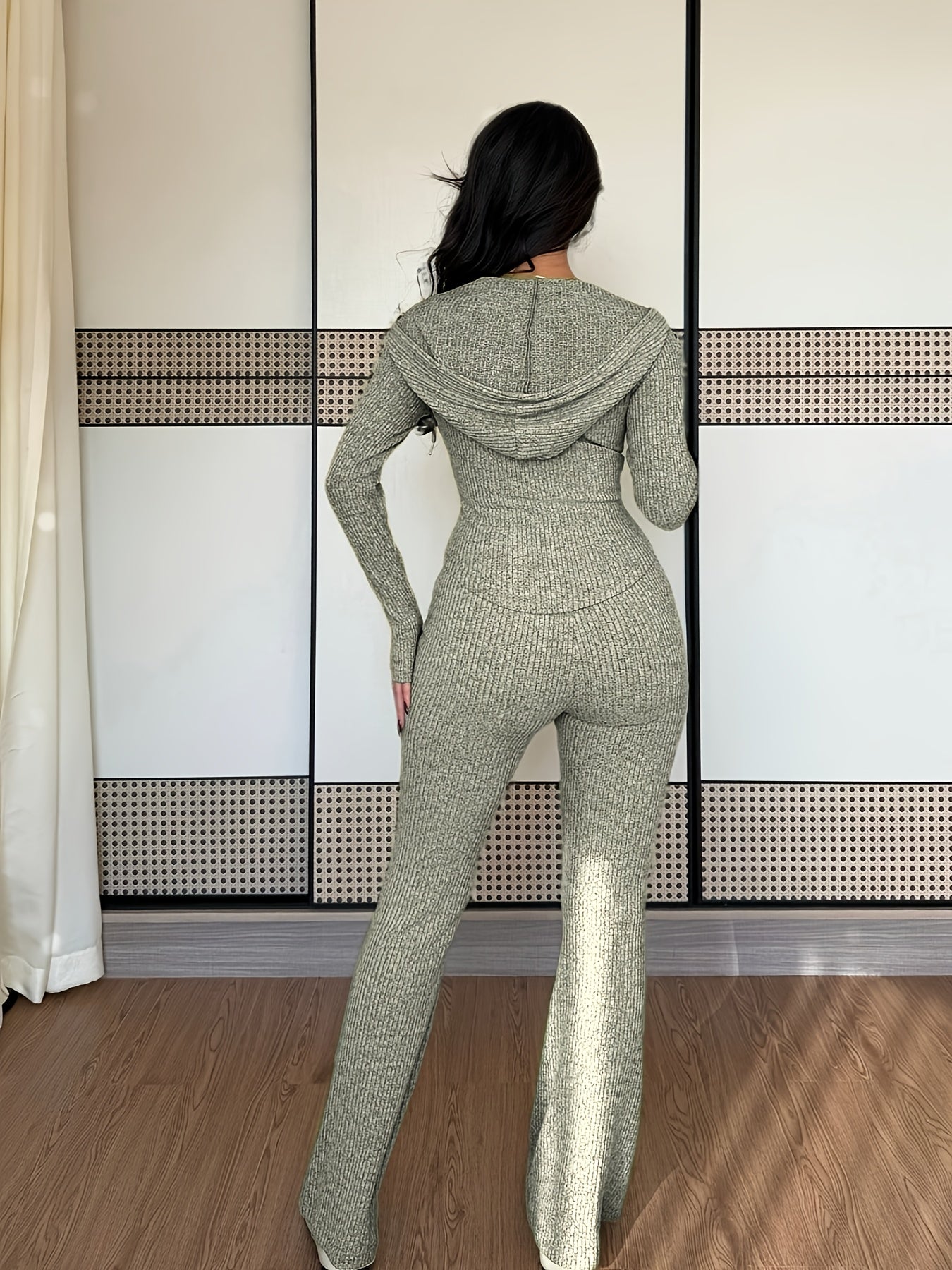 Hooded Zip-Up Set – Women’s Ribbed Flare Pants & Jacket Two-Piece