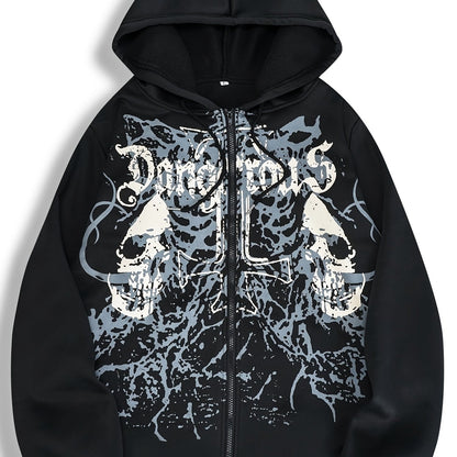 Men’s Skull Print Hooded Jacket – Zip-Up Casual Fall/Winter Hoodie