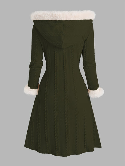 Women’s Y2K Plaid Hooded Coat – Red & White Patchwork Long Winter Jacket