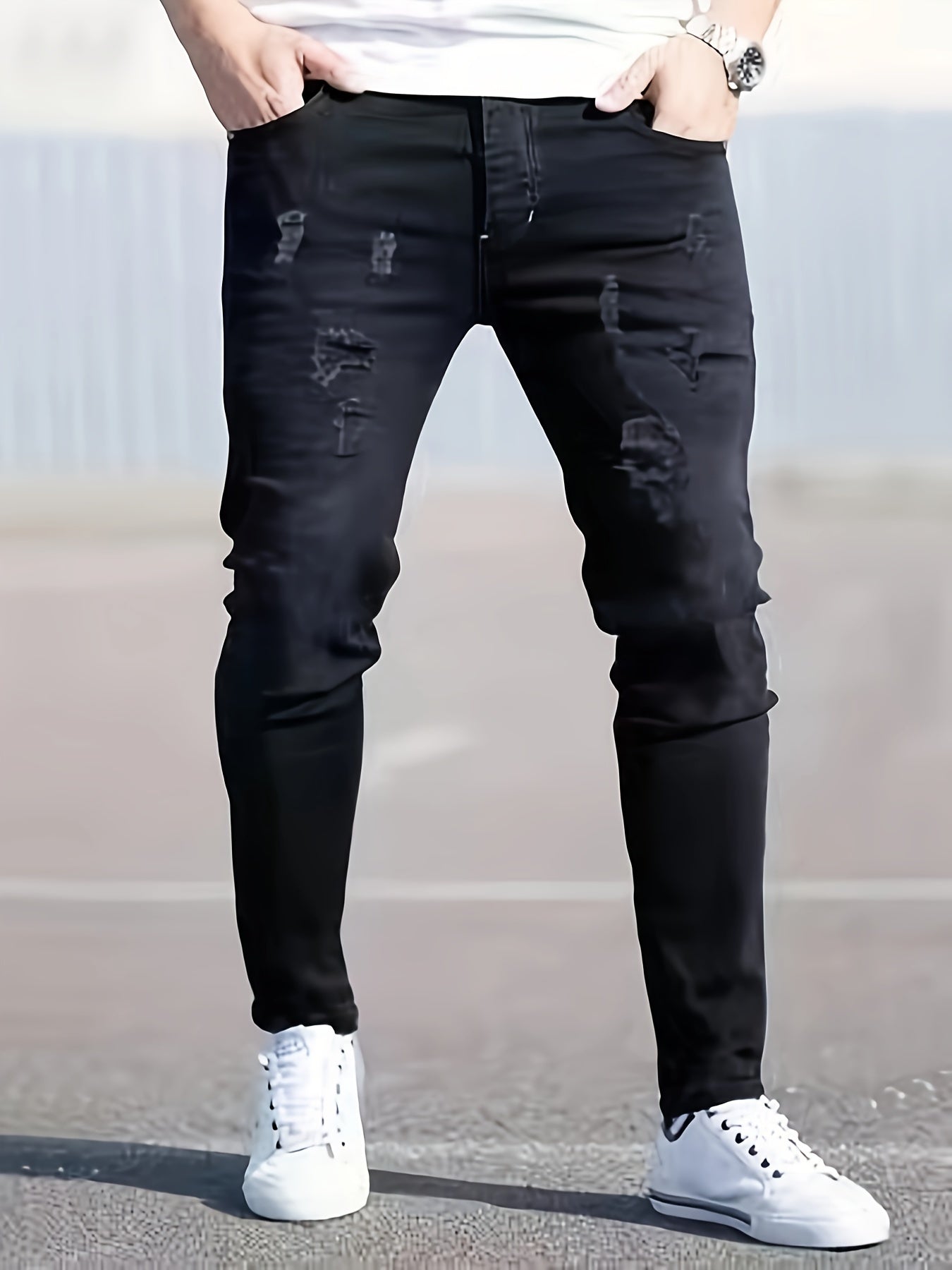 Men’s Black Distressed Skinny Jeans – Ripped Stretch Denim for All Seasons