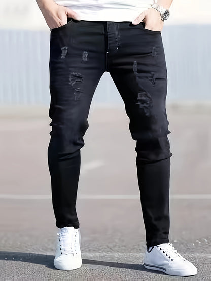 Men’s Black Distressed Skinny Jeans – Ripped Stretch Denim for All Seasons
