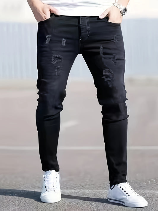 Men’s Black Distressed Skinny Jeans – Ripped Stretch Denim for All Seasons