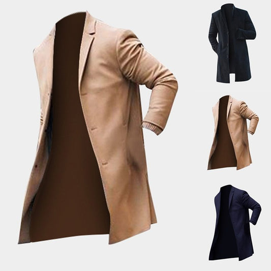 Loom & Soul™ Men’s Fashion Trench Long Jacket – Slim-Fit Solid Overcoat in Khaki & Black