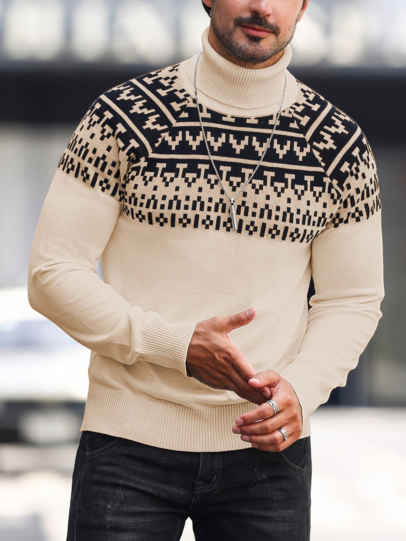 Suéter de cuello alto geométrico para hombre - Suéter informal de punto para otoño e invierno