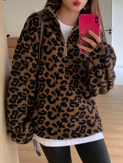 Elegant Leopard Print Plush Hoodie – Soft Fleece-Lined Zip Jacket