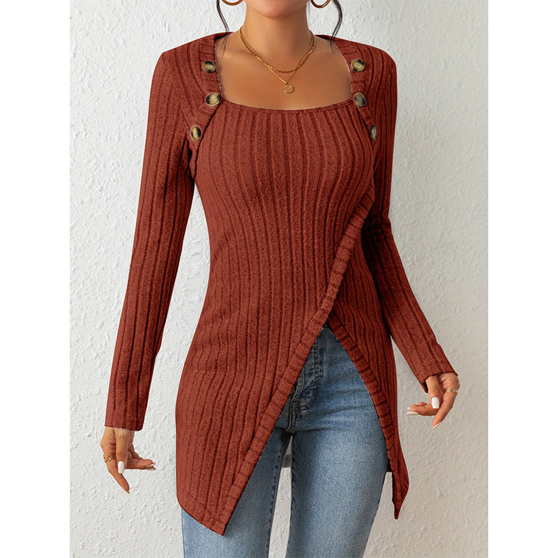 Women’s Off-Shoulder Square-Neck Slit Sweater – Elegant Knit Top