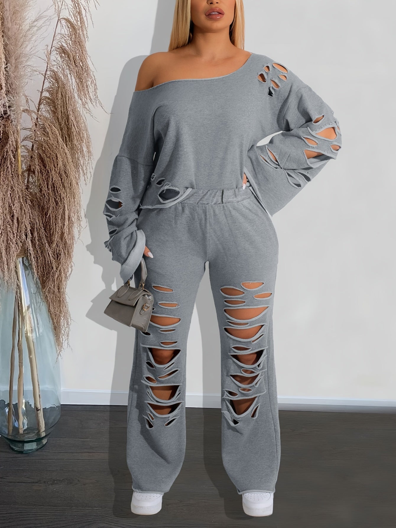 Women’s 2-Piece Off-Shoulder Distressed Set – Long Sleeve Top & Ripped Pants